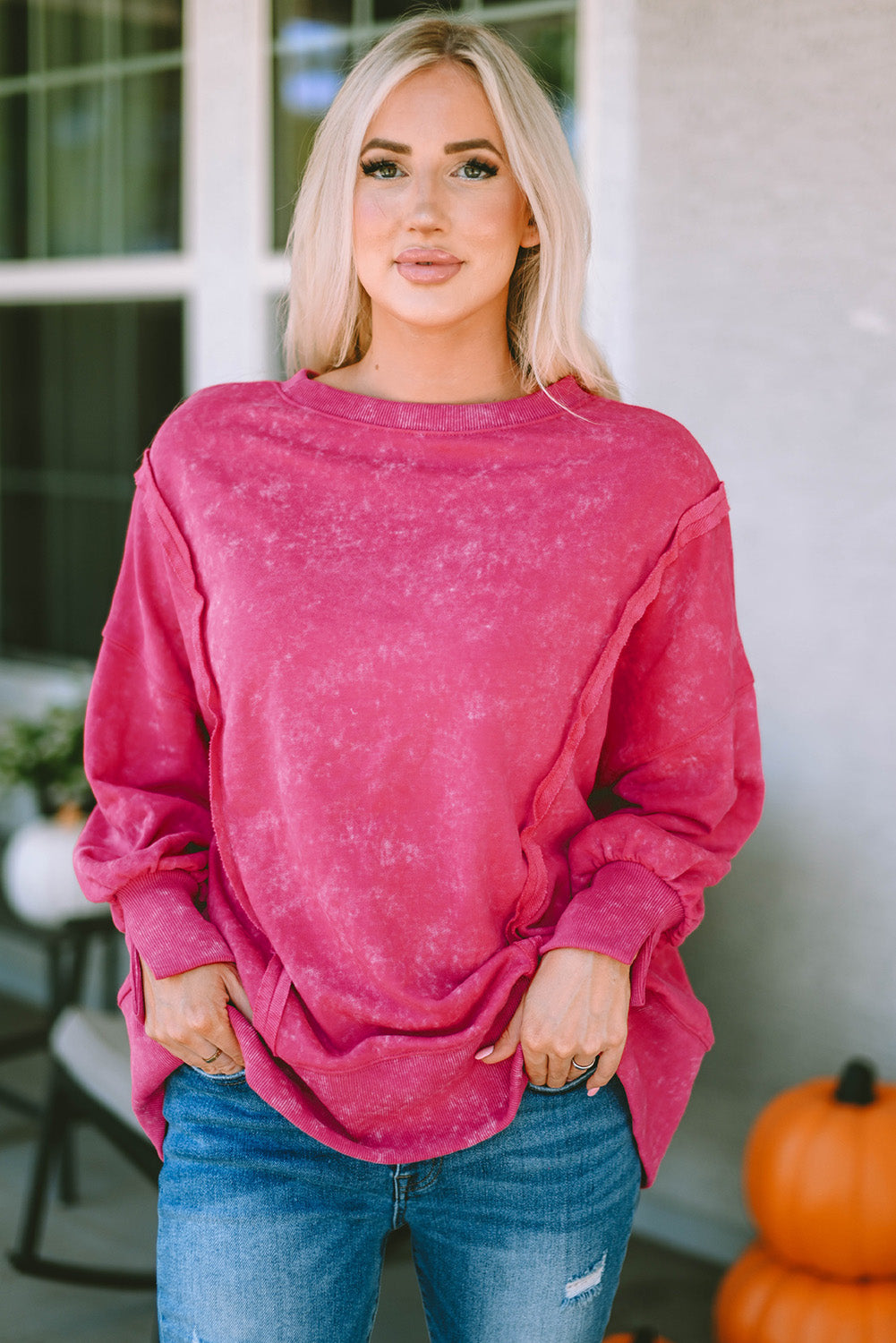 Gray Acid Wash Relaxed Fit Seamed Pullover Sweatshirt with Slits