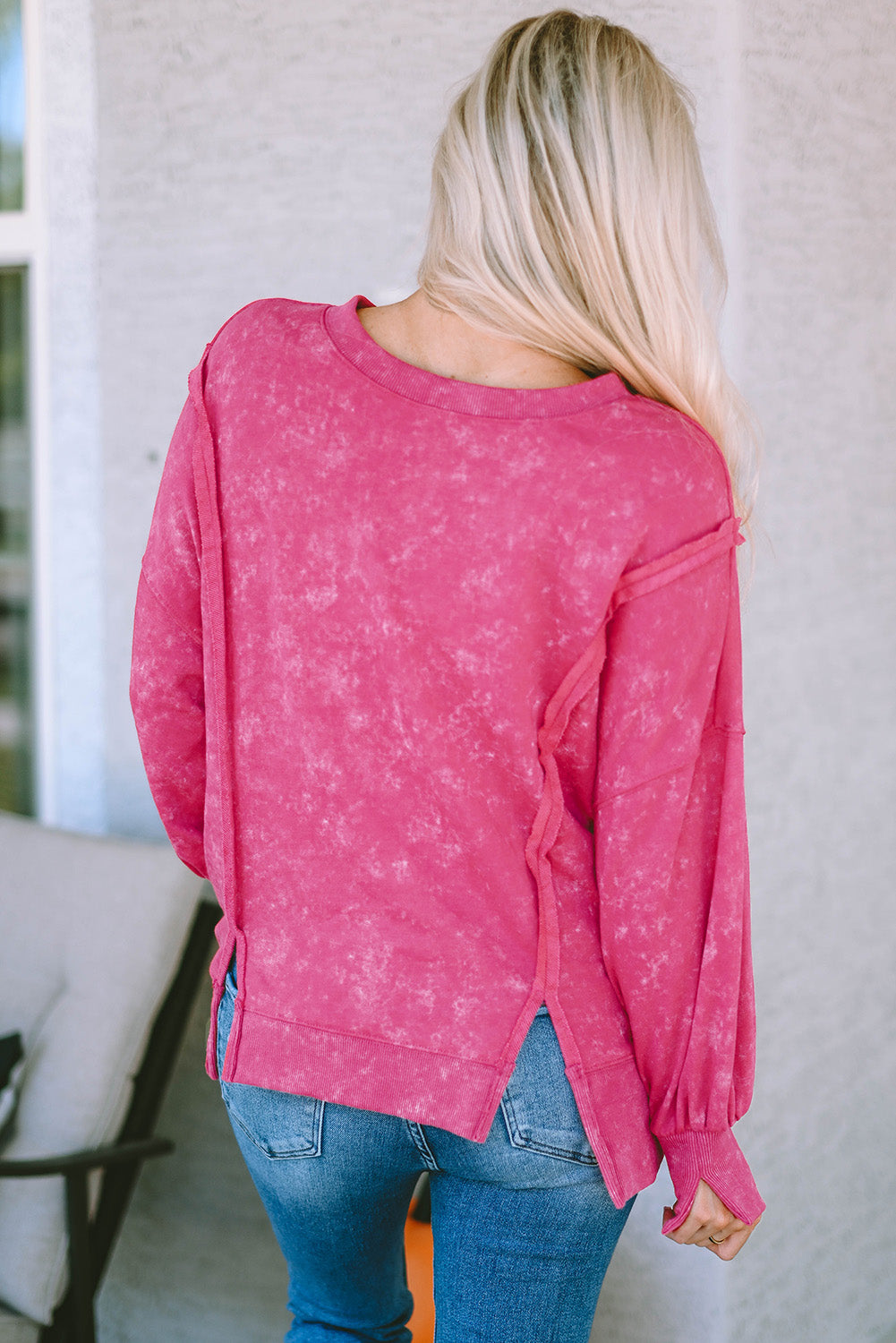 Gray Acid Wash Relaxed Fit Seamed Pullover Sweatshirt with Slits