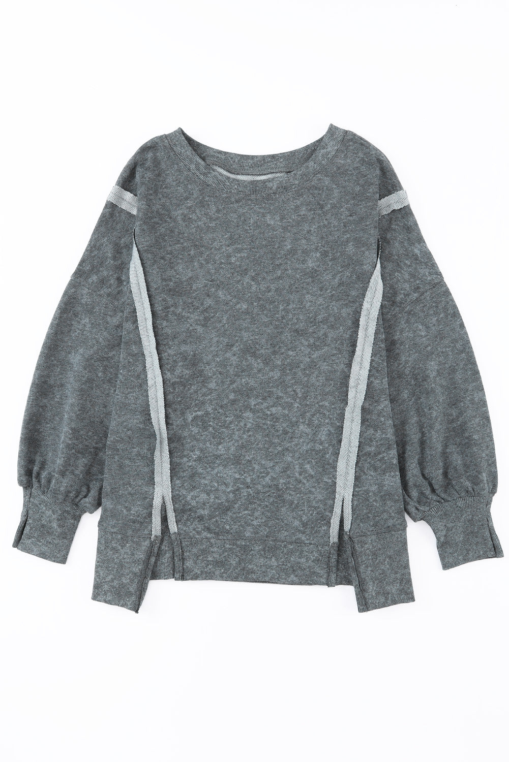 Gray Acid Wash Relaxed Fit Seamed Pullover Sweatshirt with Slits