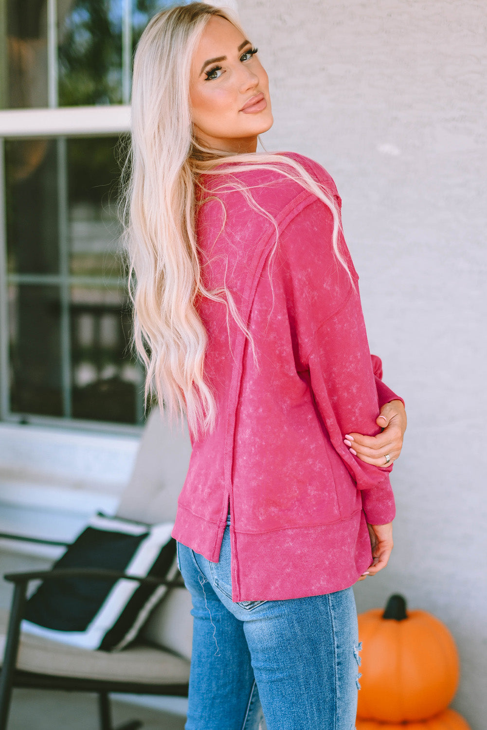 Gray Acid Wash Relaxed Fit Seamed Pullover Sweatshirt with Slits