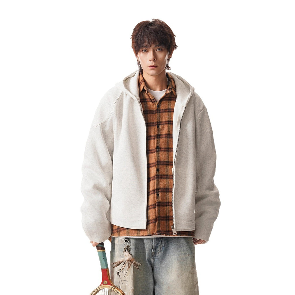 Cleanfit Short Crop Heavyweight Hoodie Jacket for Men Autumn Loose Oversized Hooded Zip-Up Sweatshirt with Regular Shoulders