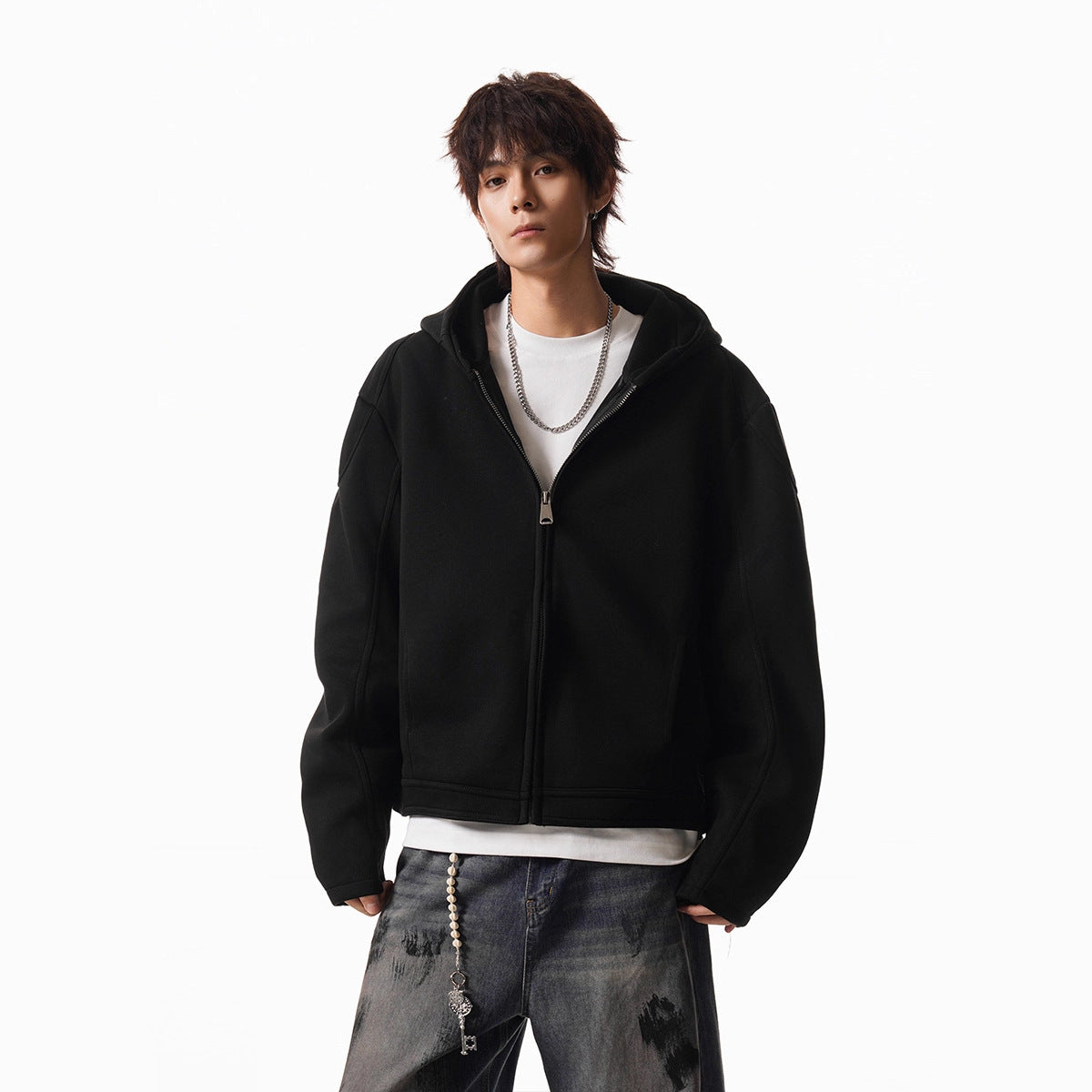 Cleanfit Short Crop Heavyweight Hoodie Jacket for Men Autumn Loose Oversized Hooded Zip-Up Sweatshirt with Regular Shoulders