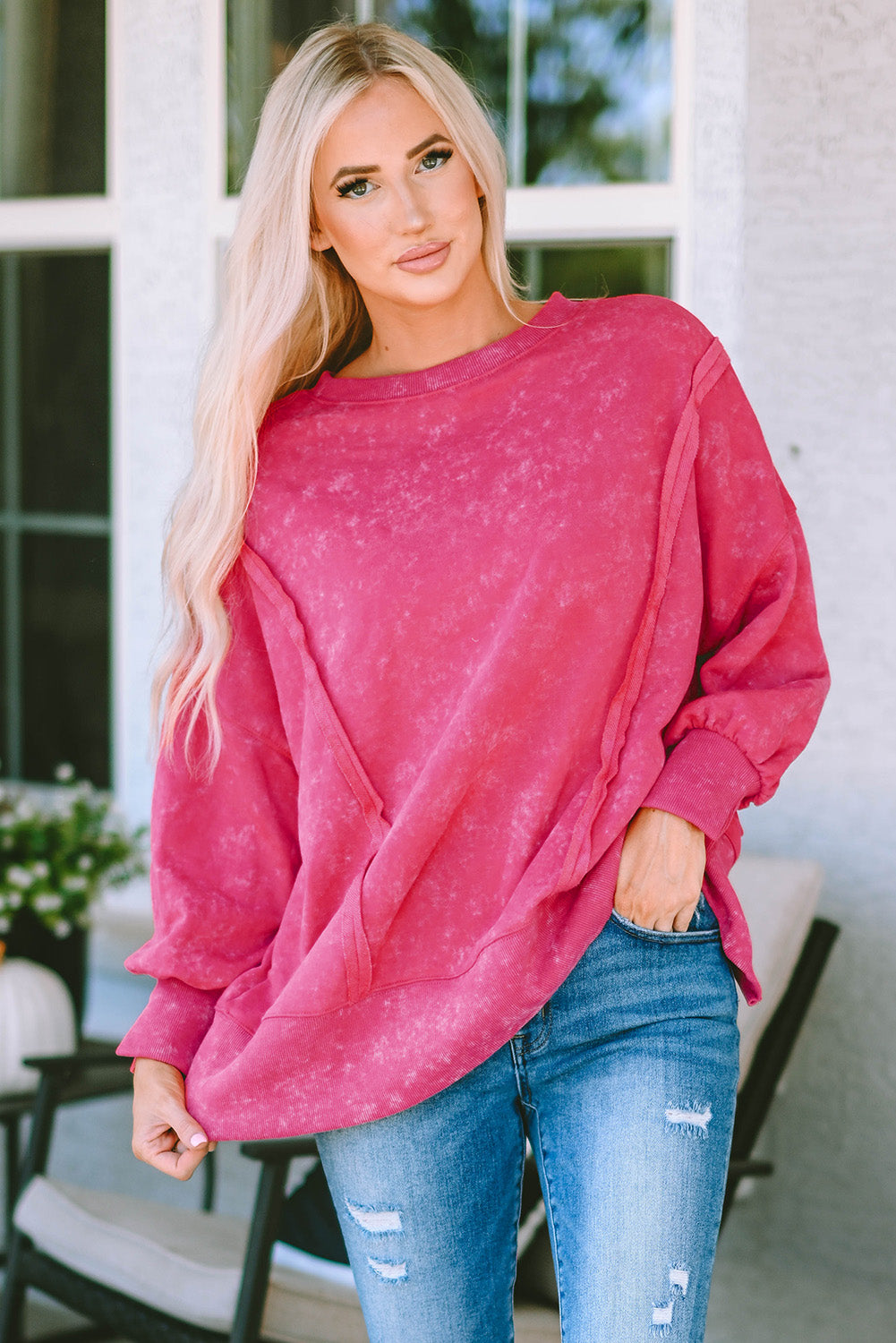 Gray Acid Wash Relaxed Fit Seamed Pullover Sweatshirt with Slits