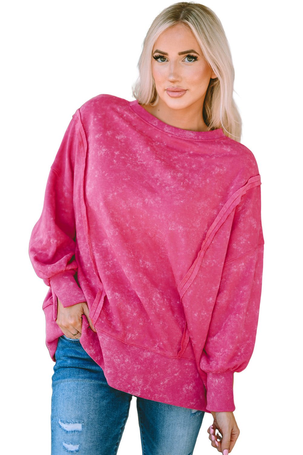 Gray Acid Wash Relaxed Fit Seamed Pullover Sweatshirt with Slits