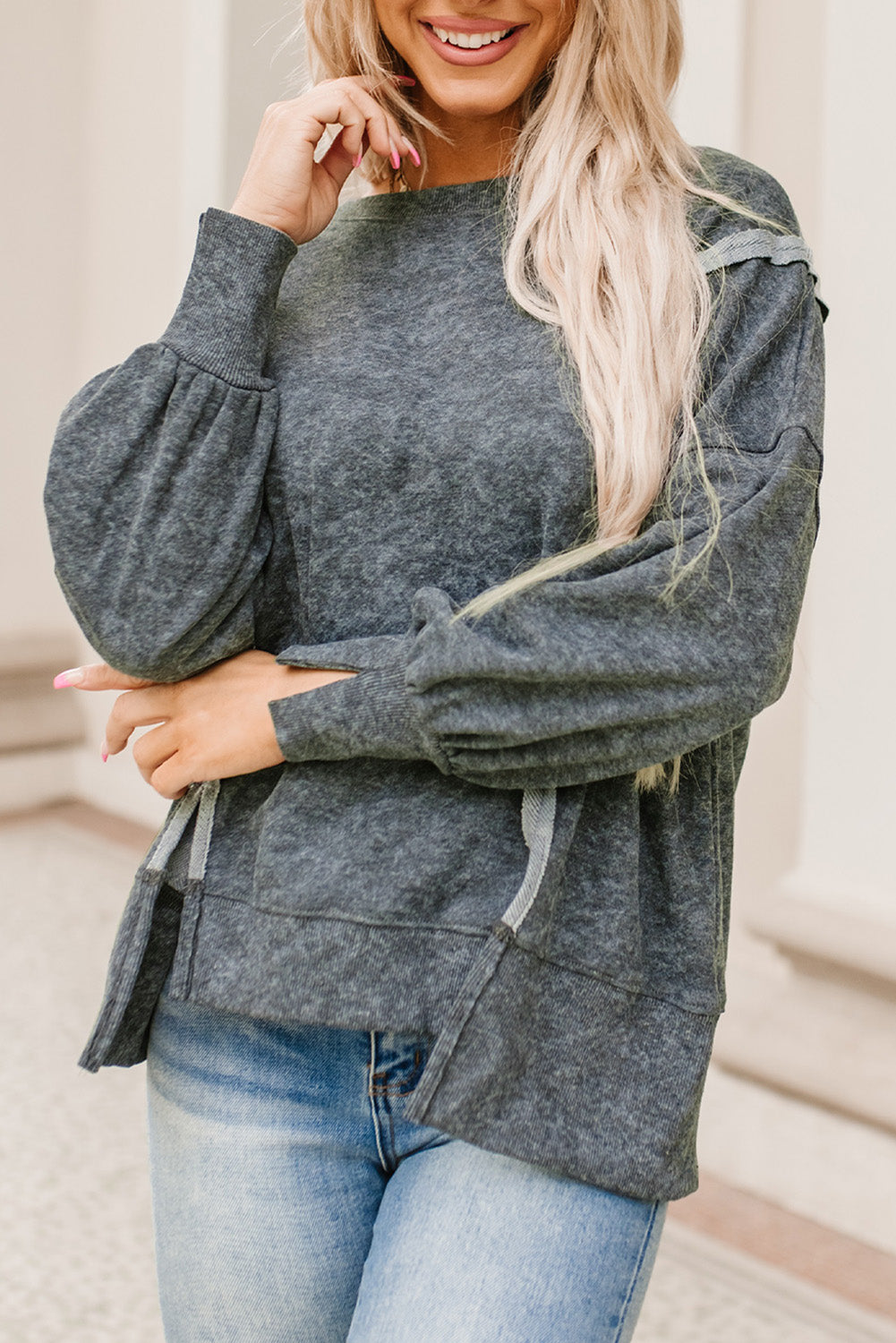Gray Acid Wash Relaxed Fit Seamed Pullover Sweatshirt with Slits