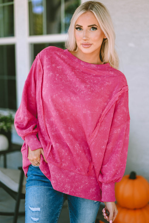 Gray Acid Wash Relaxed Fit Seamed Pullover Sweatshirt with Slits