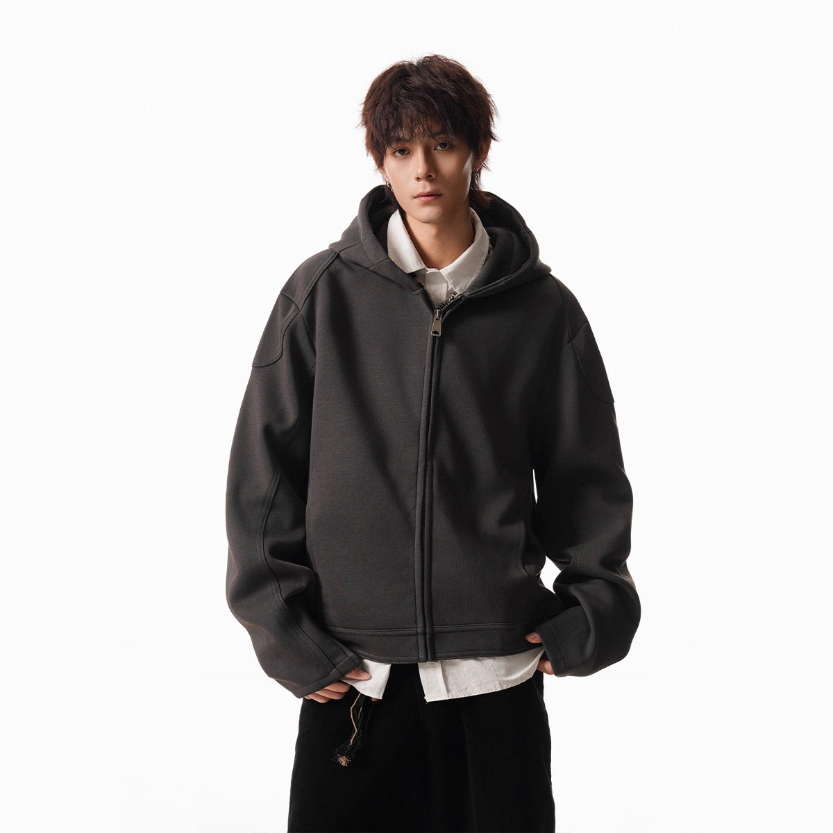 Cleanfit Short Crop Heavyweight Hoodie Jacket for Men Autumn Loose Oversized Hooded Zip-Up Sweatshirt with Regular Shoulders