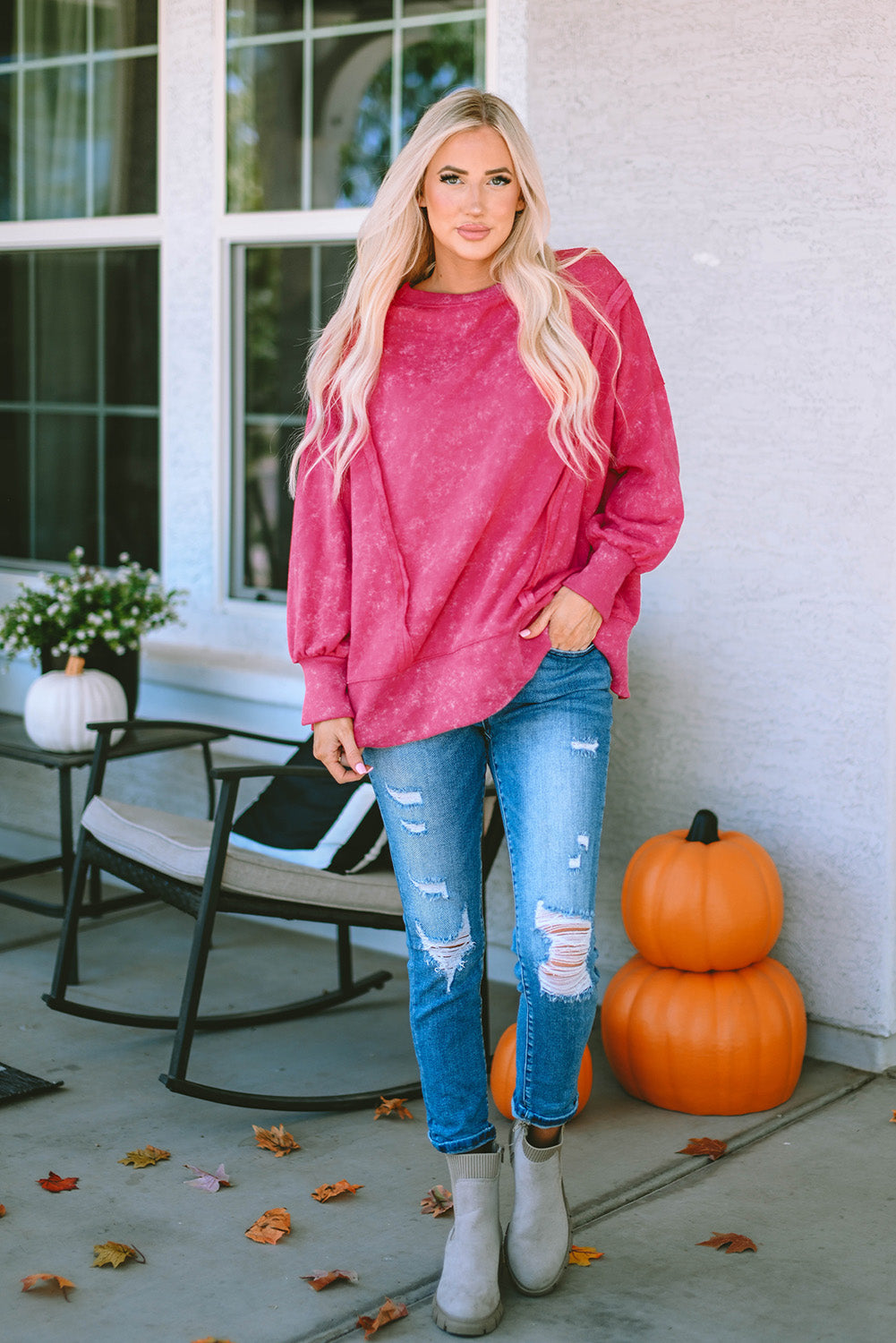 Gray Acid Wash Relaxed Fit Seamed Pullover Sweatshirt with Slits