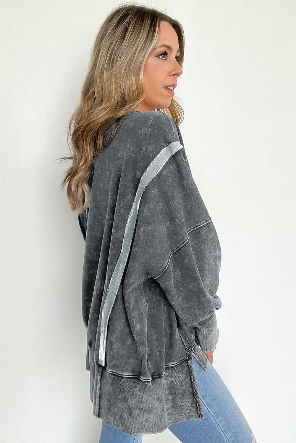 Gray Acid Wash Relaxed Fit Seamed Pullover Sweatshirt with Slits