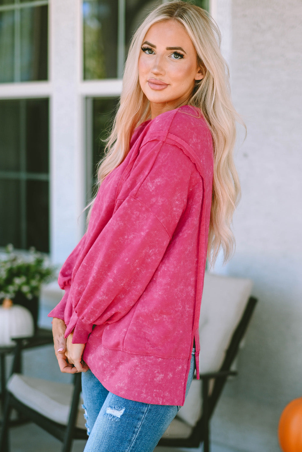 Gray Acid Wash Relaxed Fit Seamed Pullover Sweatshirt with Slits